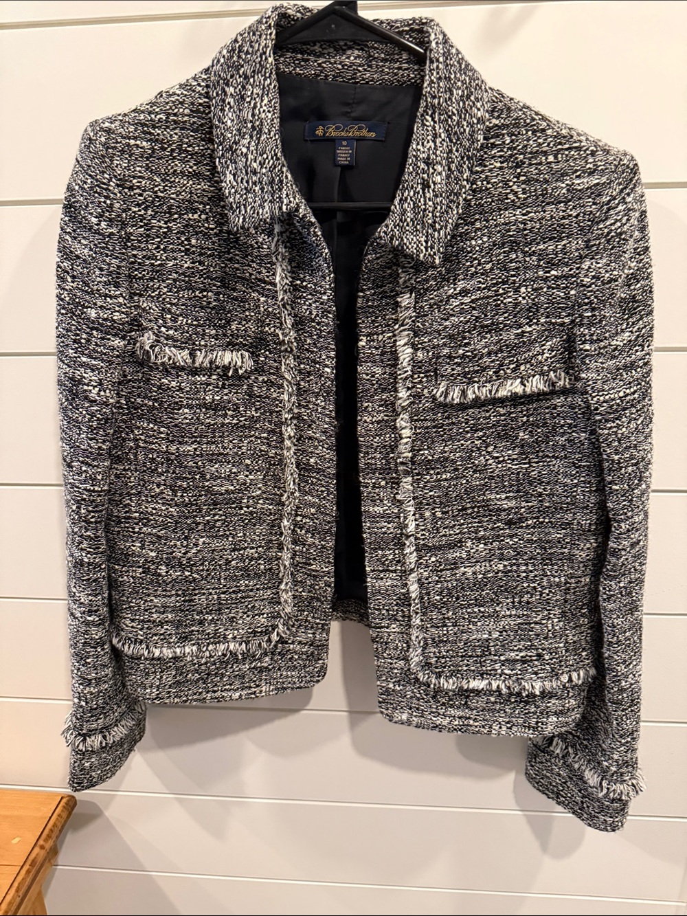 Brooks Brothers Black and White Tweed Fringe Jacket